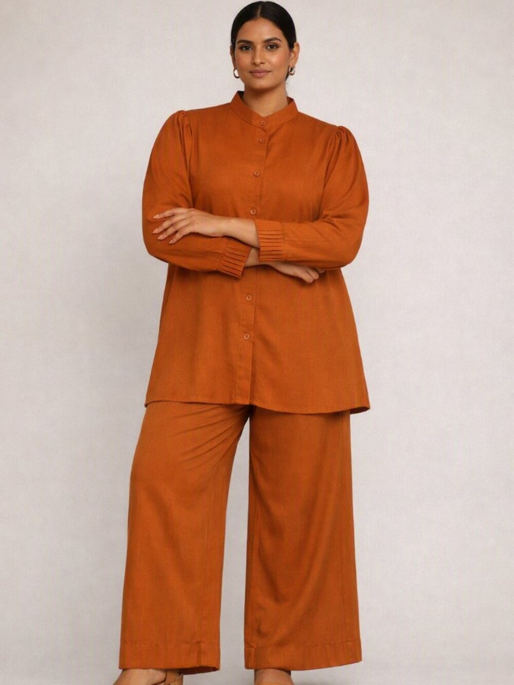 Rust Terracotta Two‑Piece Cord Set | Button Down Top & Wide‑Leg Pants